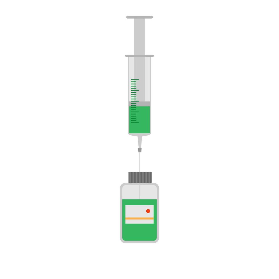 syringe with vaccine bottle flat design illustration isolated on white background. Medical And Healthcare Icon In Flat Design Style. Syringe and medicine bottle vector