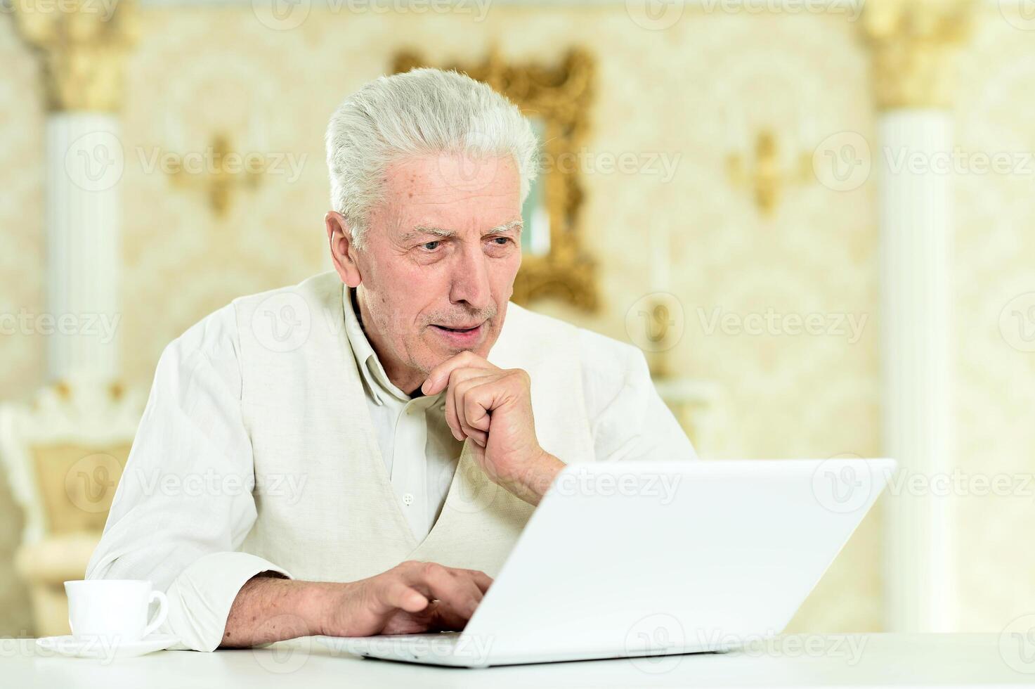 Portrait of thoughtful senior man with laptop photo