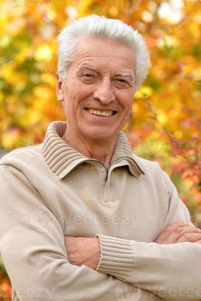 Happy senior man posing in autumn park photo