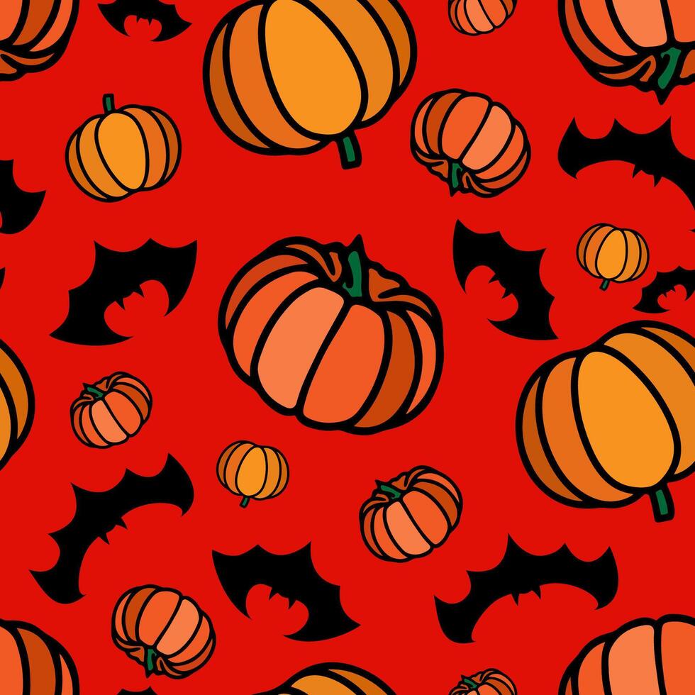 Autumn Pumpkin pattern with Halloween flyinf bats. Thanksgiving vegetable seamles print. Autumn-themed repeat print. vector