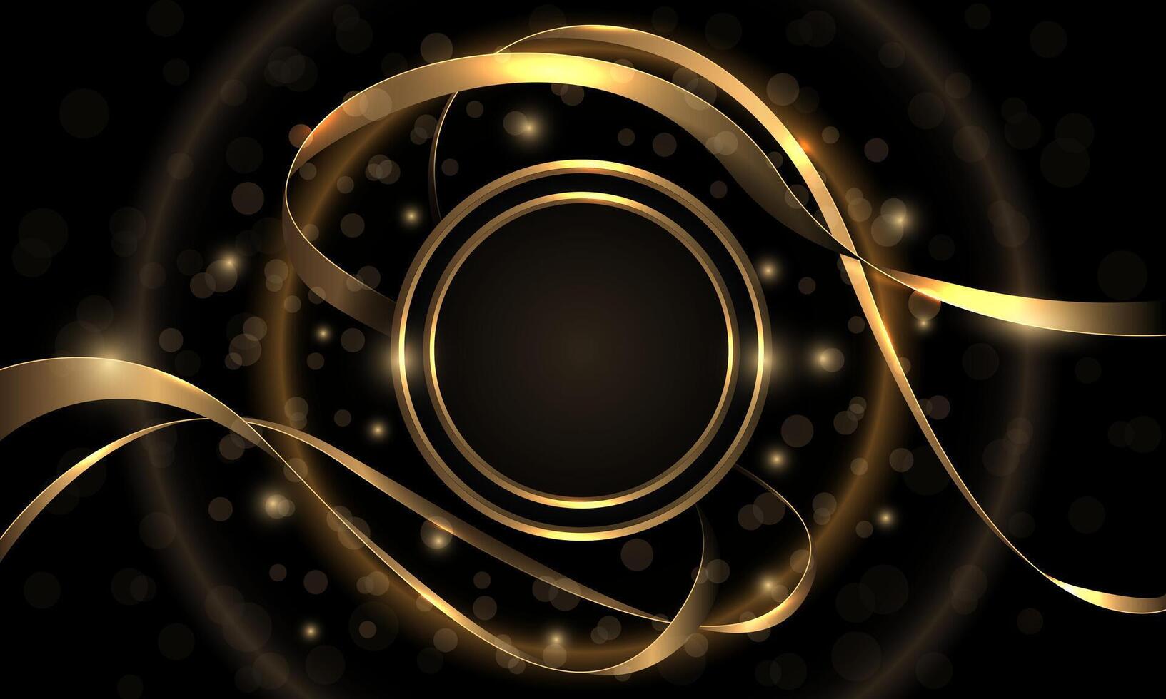 Abstract luxury gold circle ribbon wave curve light bokeh gritter on black design modern background vector