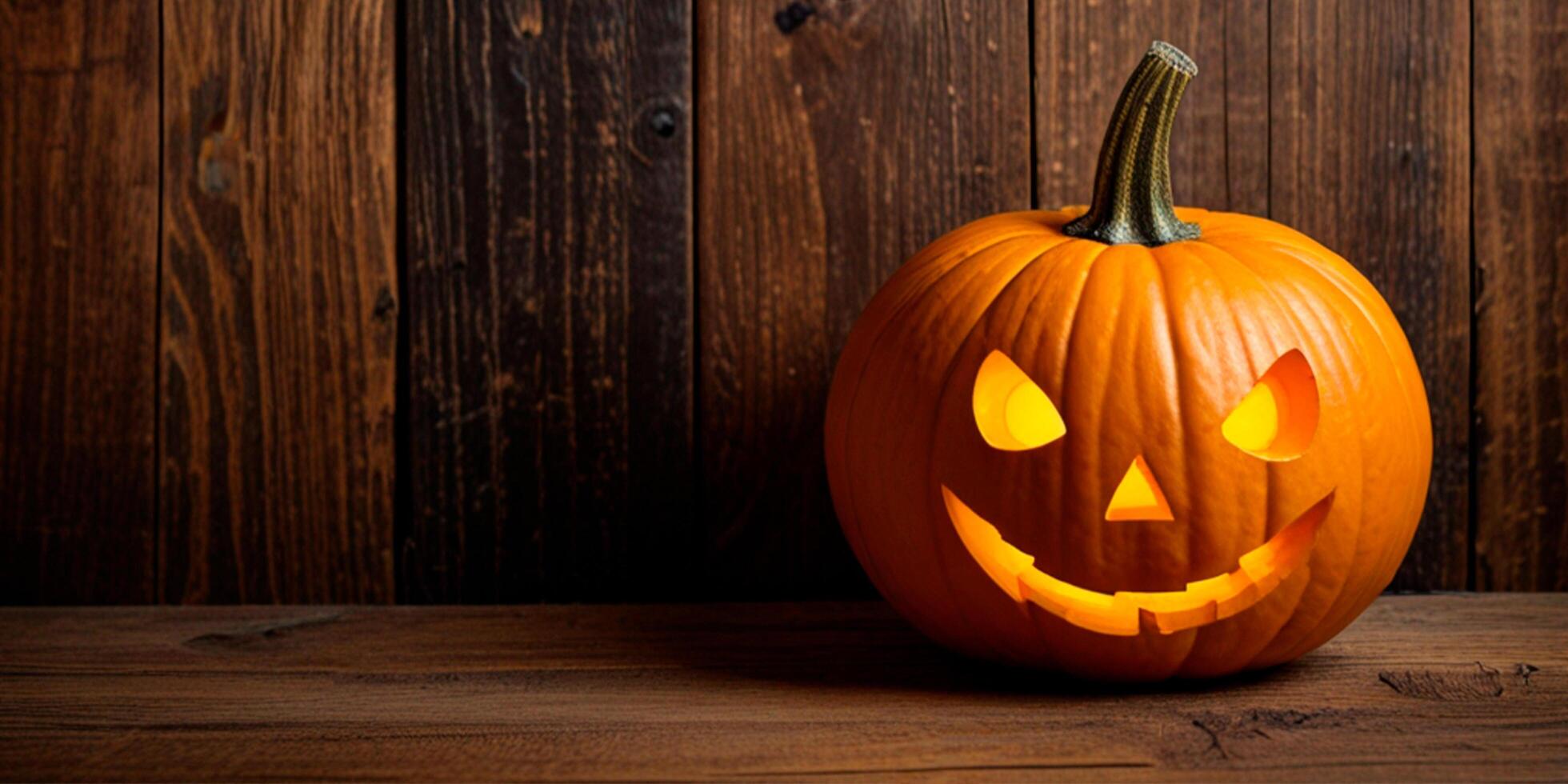 Halloween pumpkin on wooden background, horizontal banner generated AI. photo