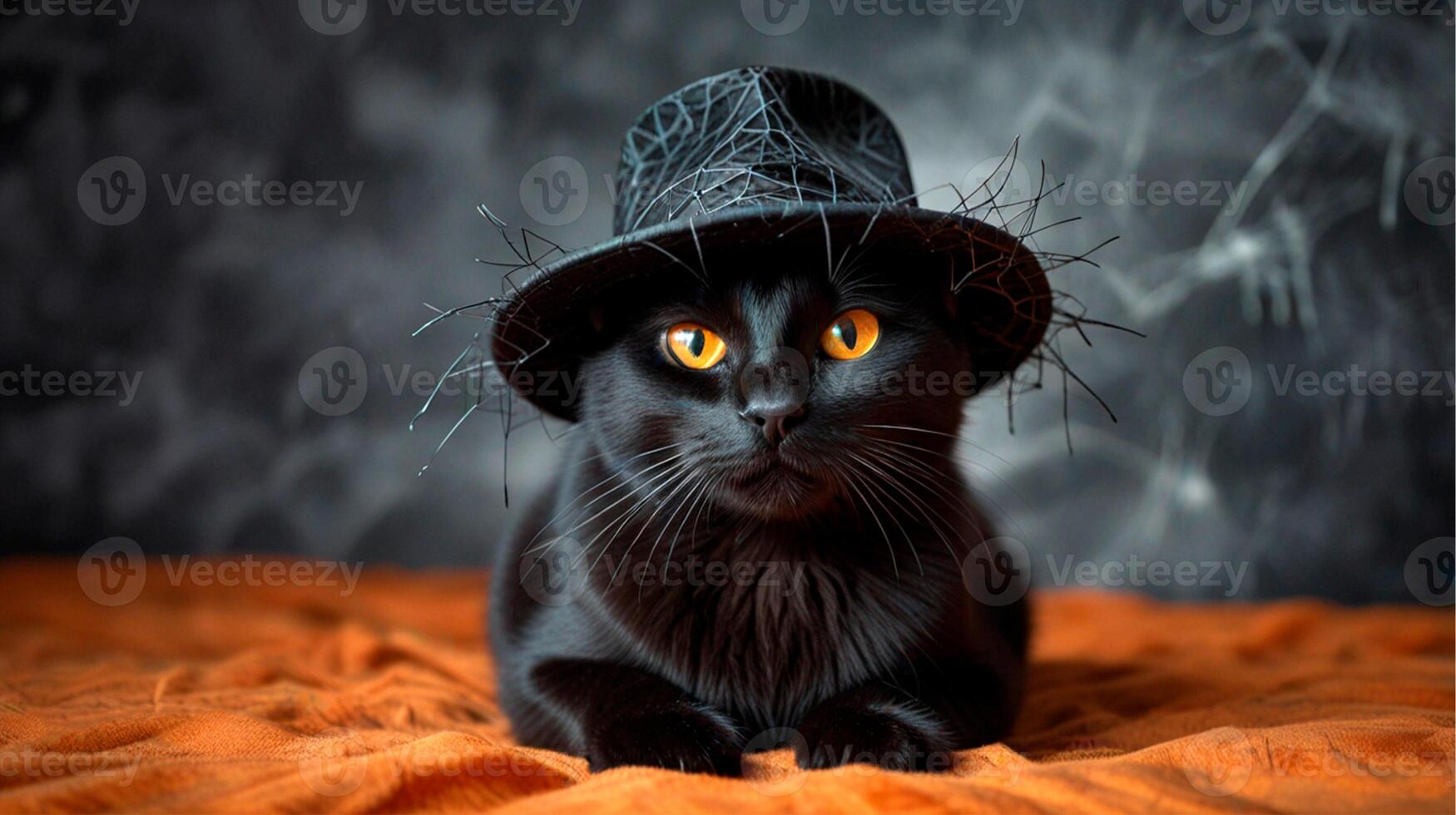 Halloween black cat wearing hat, horizontal Halloween banner created by AI. photo