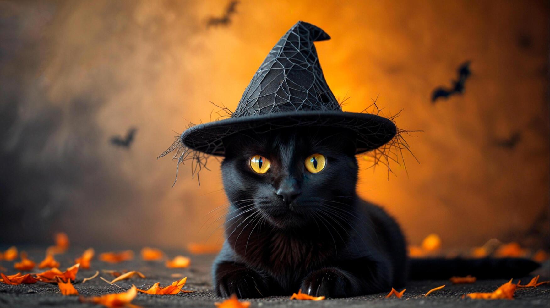 Halloween black cat wearing hat, horizontal Halloween banner created by AI. photo