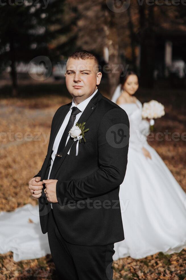 A man and a woman are posing for a picture in a park. The man is wearing a suit and tie, while the woman is wearing a white dress. Scene is happy and celebratory, as the couple is getting married photo