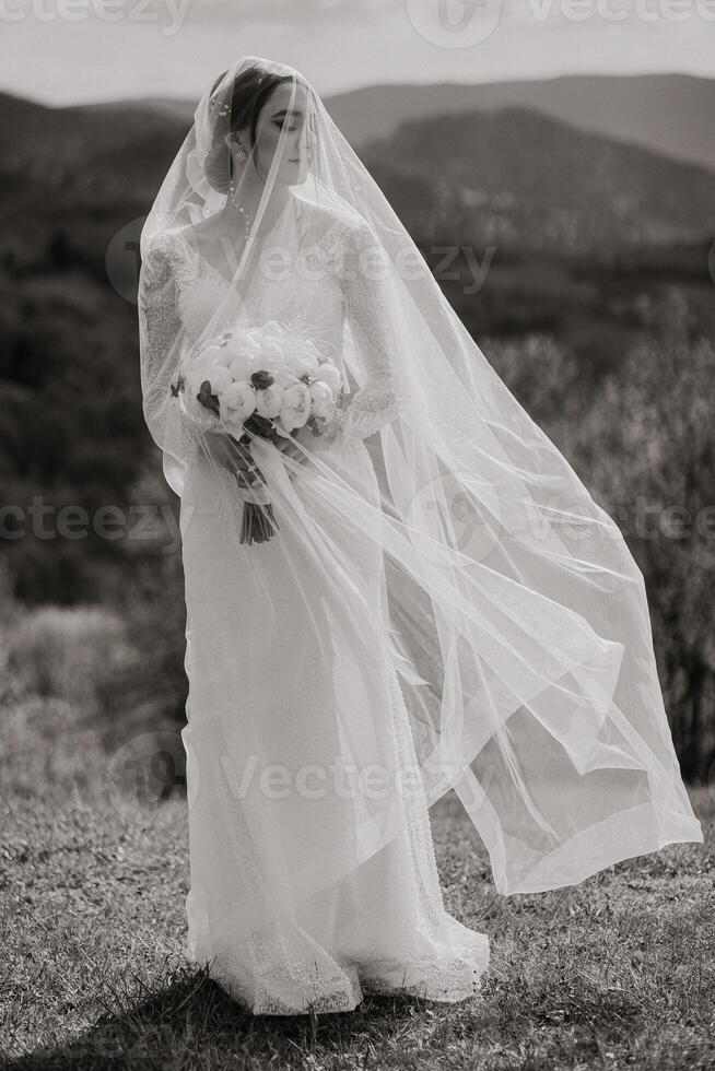 A bride is standing in a field with a veil on her head and a bouquet in her hand photo