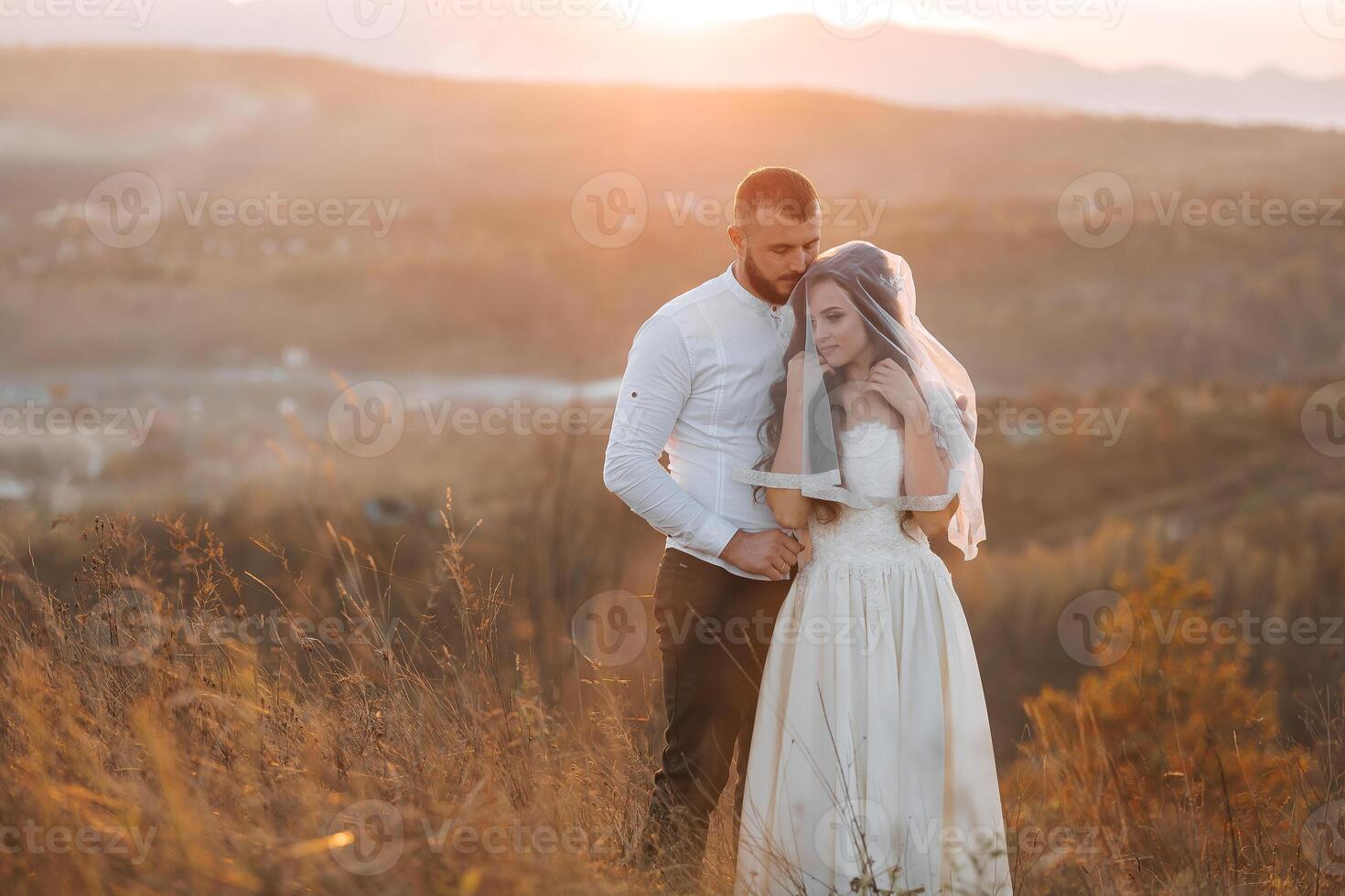 A bride and groom are standing in a field with a sunset in the background. The bride is wearing a veil and the groom is holding her hand. Scene is romantic and peaceful photo