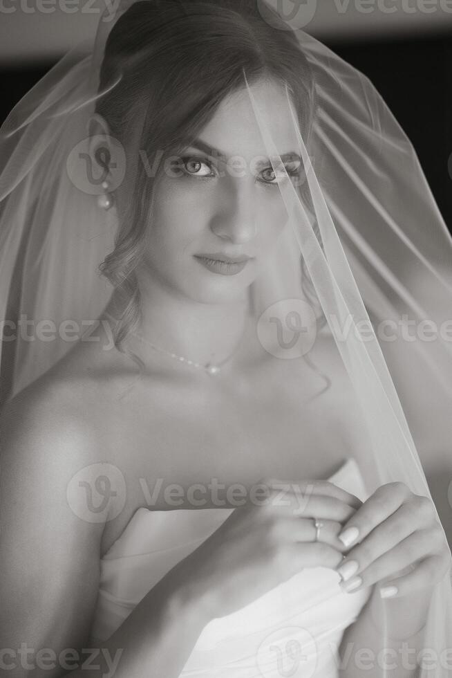 A woman in a wedding dress is wearing a veil. She is smiling and looking at the camera photo