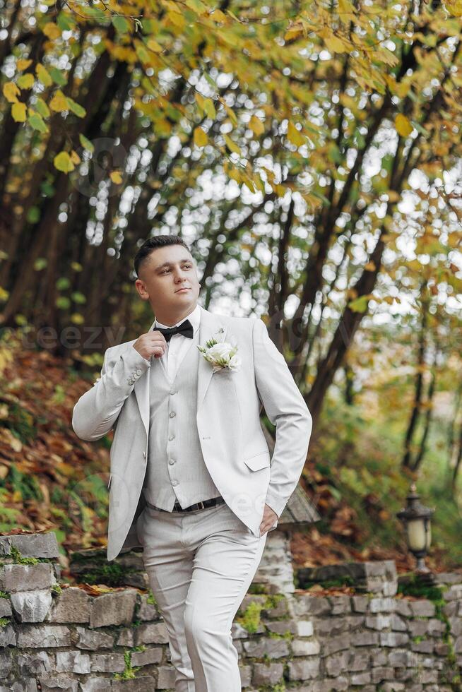 A man in a suit and tie stands in front of a brick wall. He is wearing a white shirt and a black bow tie photo