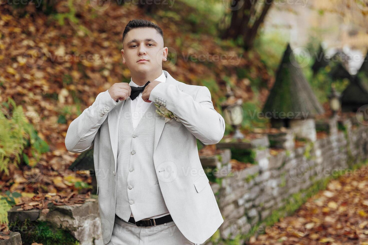A man in a suit and tie is standing in front of a wall with a hedge. He is adjusting his tie and looking at the camera photo