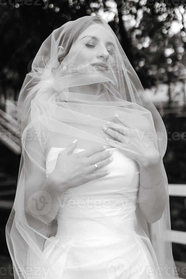 A woman in a white wedding dress is covered in a veil. She is wearing a ring on her left hand photo
