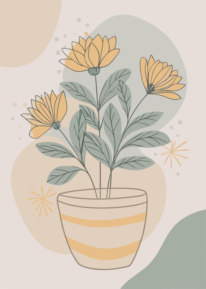 One line art of indoor plant drawing Abstract minimal continuous line wall decor vector