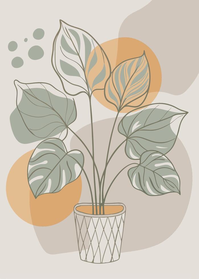 One line art of indoor plant drawing Abstract minimal continuous line wall decor vector