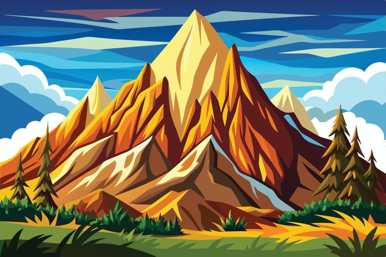 Adventures mountain drawing with river Abstract minimal flat art vector