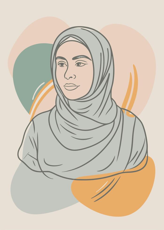 One line art of hijabi women drawing Abstract minimal continuous line wall decor vector