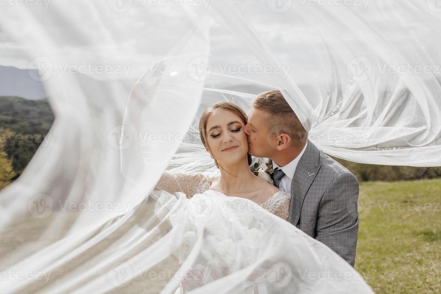 A bride and groom are kissing under a white veil. The bride is wearing a white dress and the groom is wearing a gray suit. The scene is set in a grassy field photo