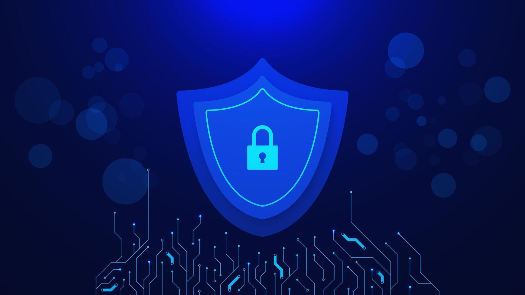 Network security system with shield, padlock and circuit board. Secure technology service, cyber shield, internet safety, privacy and data protection concept vector