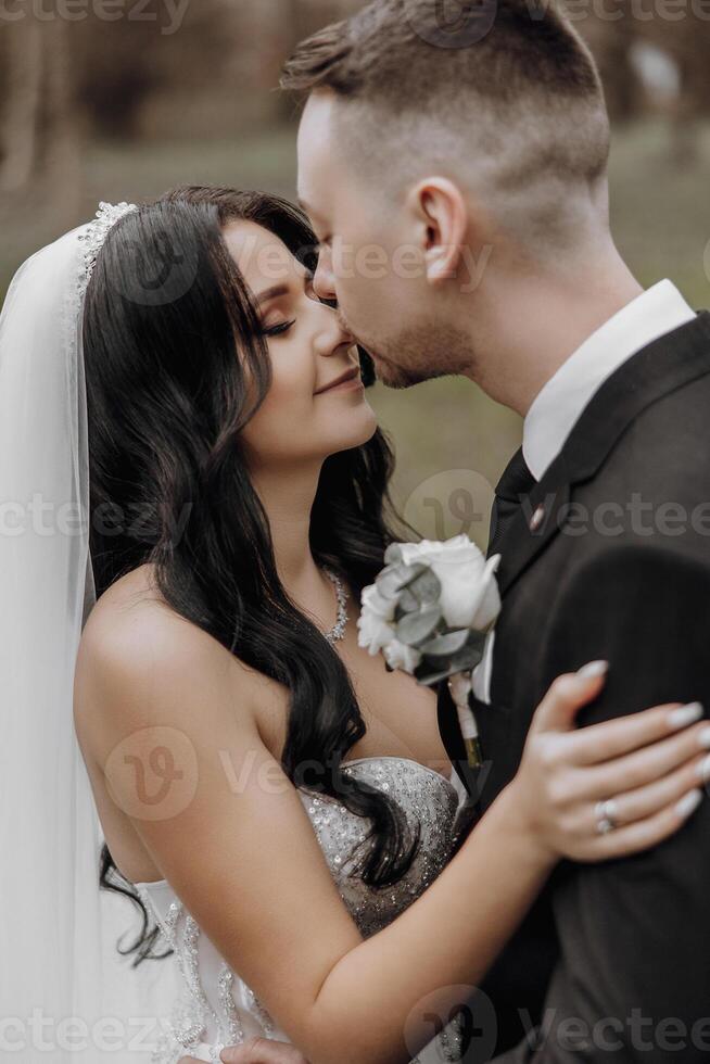 A bride and groom are kissing each other's lips. The bride is wearing a white veil and the groom is wearing a black suit photo