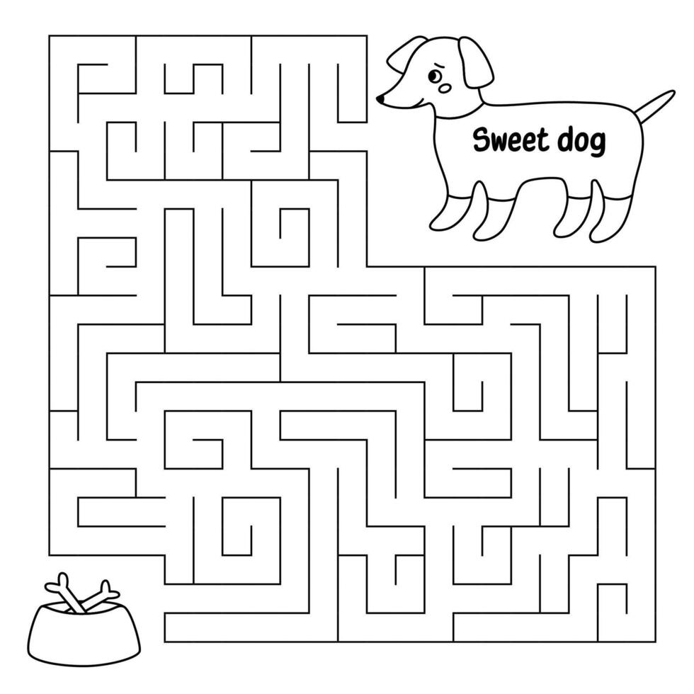 Animal line maze game for kids. Cute dog looking for a way to the bowl of bones. Printable worksheet with solution for school and preschool. vector