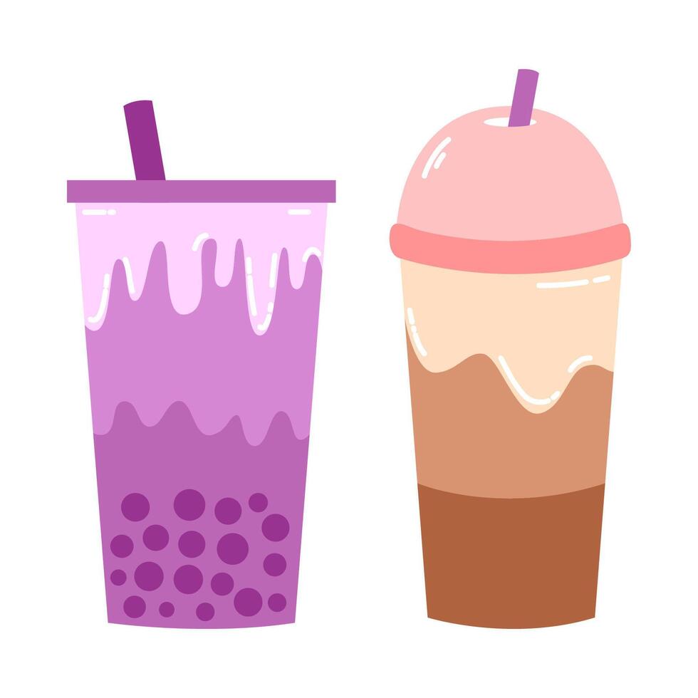 Kawaii bubble milk tea with tapioca pearls. Cappuccino freddo. Ice coffee, milkshake. vector