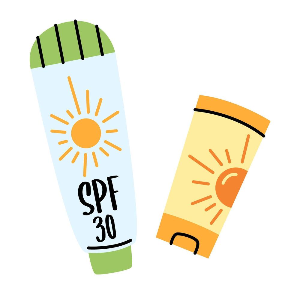 Sunscreen products set isolated. SPF protection and sun safety concept. SPF summer products. vector