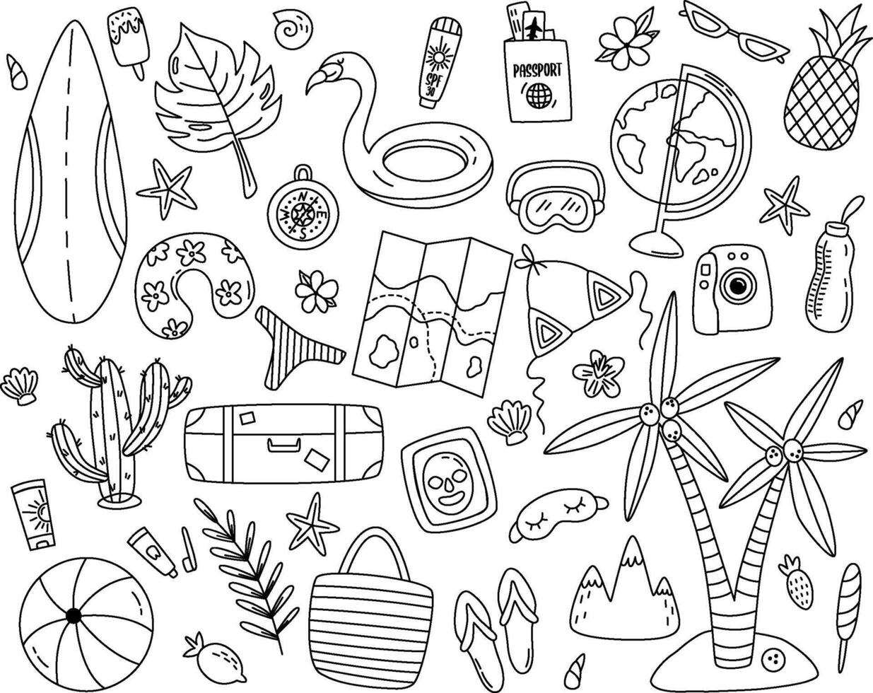 Beach outline stuff for summer travel set. Vacation line accessories for sea holidays. Female items. Tourists objects bundle, suitcases, bags, bikini, map. vector