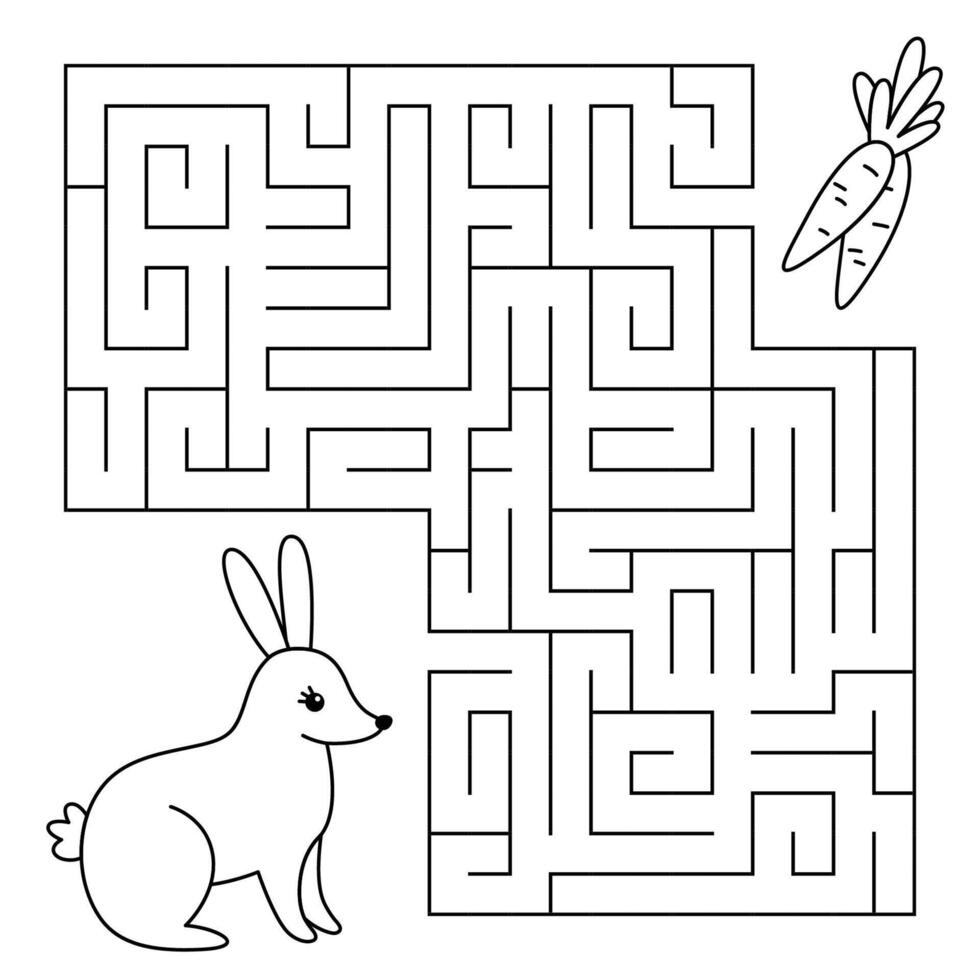 Animal line maze game for kids. Cute bunny looking for a way to the carrot. Printable worksheet with solution for school and preschool. vector