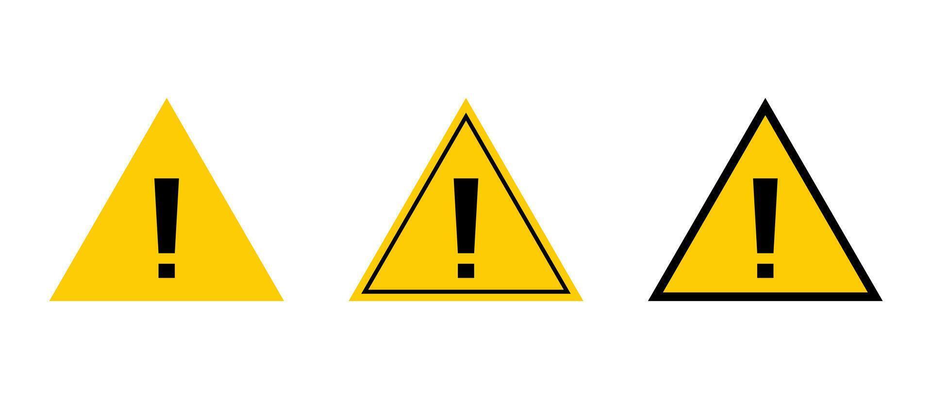 Warning, caution icon set in flat design. Exclamation mark on triangle shape vector