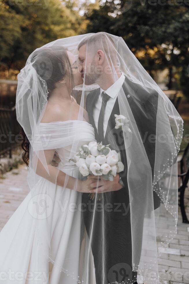 A bride and groom are kissing under a veil photo