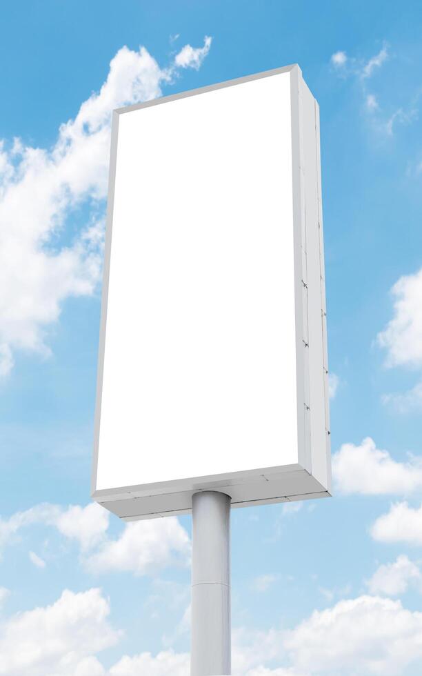 Mock up white vertical light box billboard on pole with blue sky background. Clipping path for mockup photo