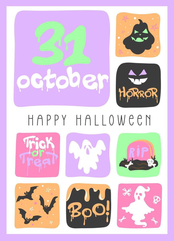 Halloween poster with pumpkins, ghosts, bats and spiders in pastel colors. Hand drawn doodle collage, great for Halloween banners, posters, card and invitation. illustration vector