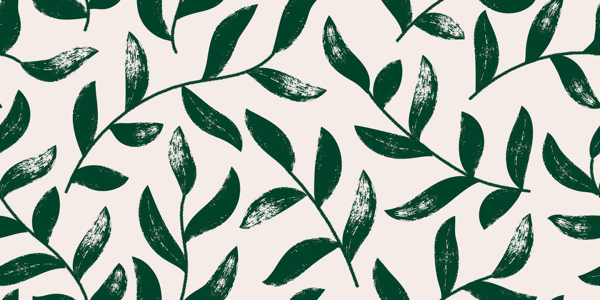 Seamless pattern with brush drawn leaves. Hand drawn floral botanical design. Natural organic ornament with green branches. Modern print for textile, fabric, wallpaper, wrapping and packaging vector