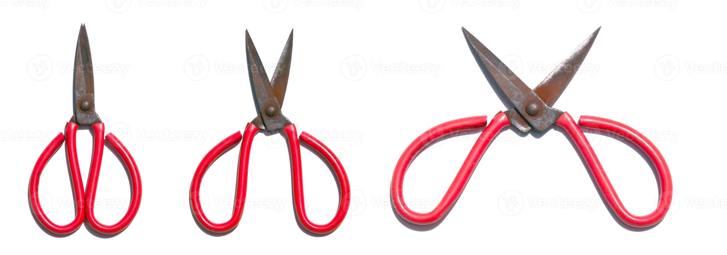 Vintage Rusty Scissors with Red Handles Isolated on White Background in Various Positions photo