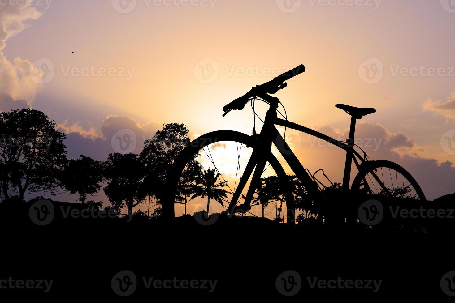 Silhouette of a Bicycle Against a Vibrant Sunset with Trees in the Background photo