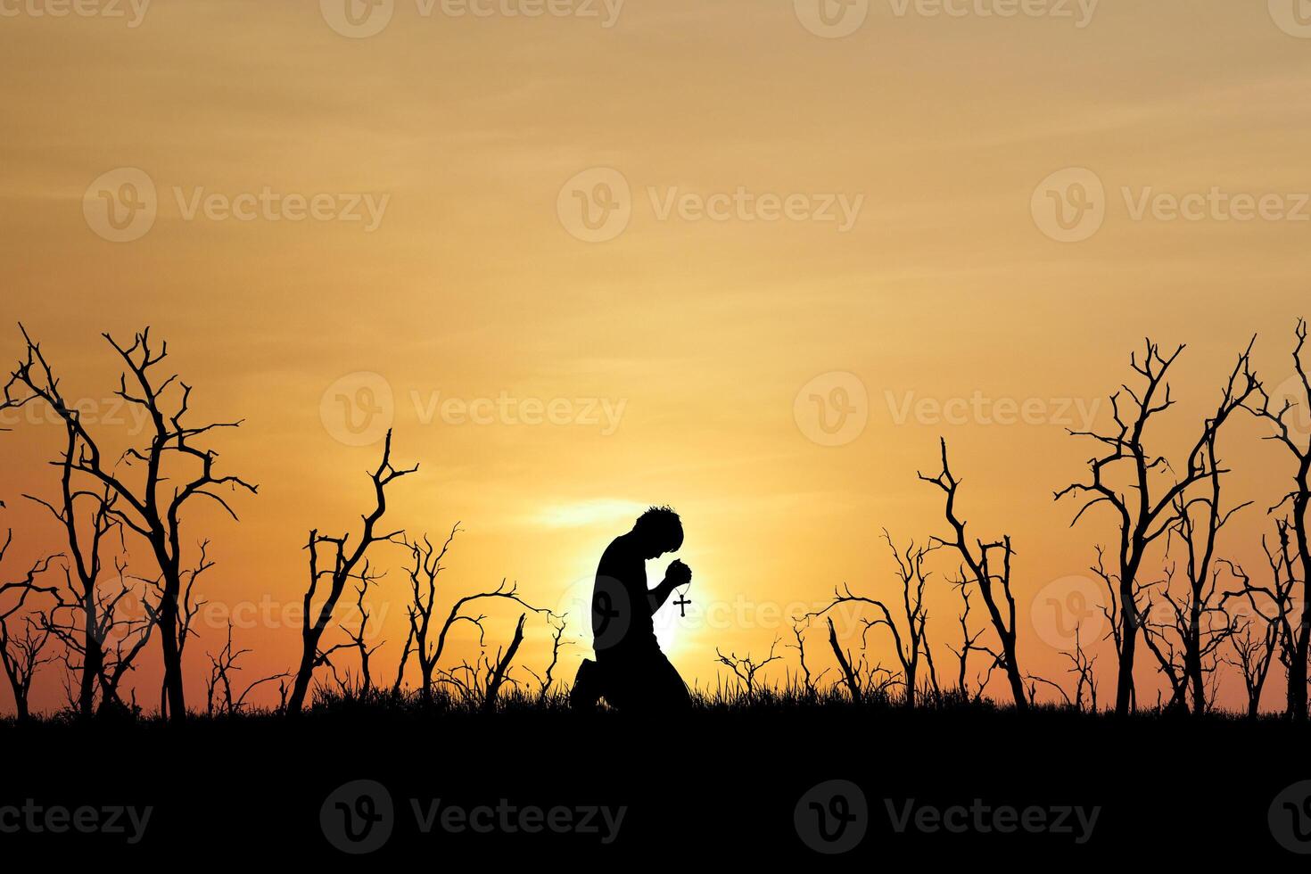 Silhouette of Person Praying with Cross at Sunset in a Barren Landscape with Leafless Trees photo