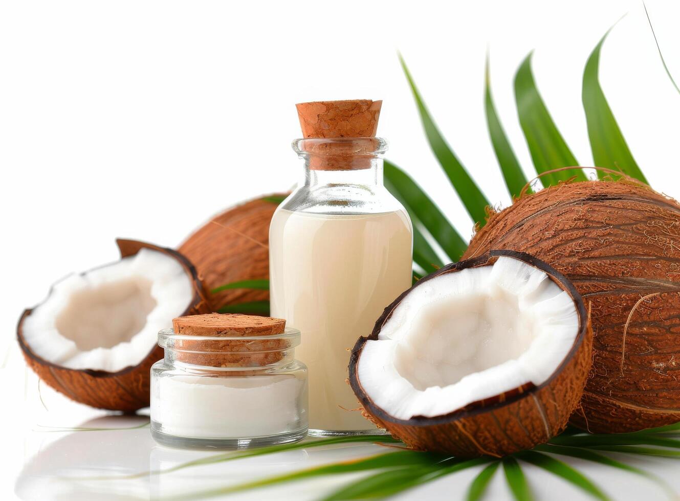 Coconut Oil and Halved Coconuts on Palm Leaf photo