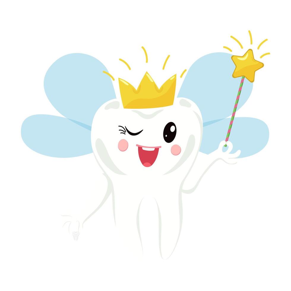 A childish cheerful tooth fairy in a crown holds a magic wand. Concept for pediatric dentistry. Celebrating the loss of the first tooth. vector
