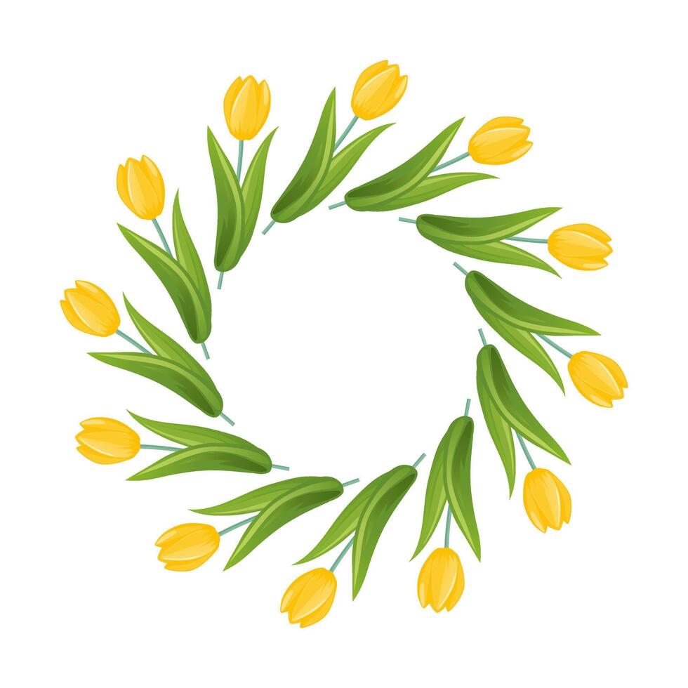 A vibrant frame of yellow tulips with lush green leaves arranged in a circle. A decorative wreath for greeting cards, invitations, seasonal holidays and nature themed events. vector
