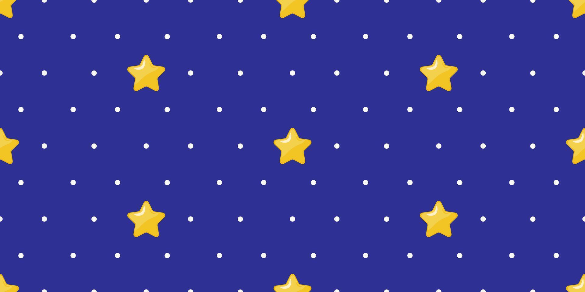 Blue and white seamless polka dot pattern with stars. Uniform white round dots and yellow stars on a blue background. This pattern is for textiles, wallpapers and digital backgrounds. vector