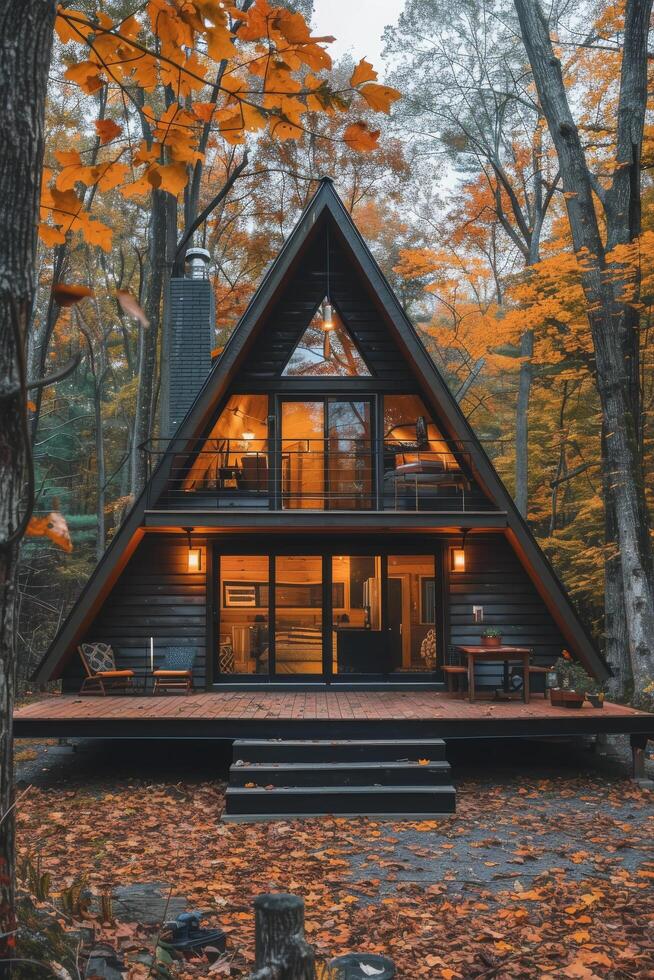 A-Frame Cabin With Deck In Autumn Woods photo