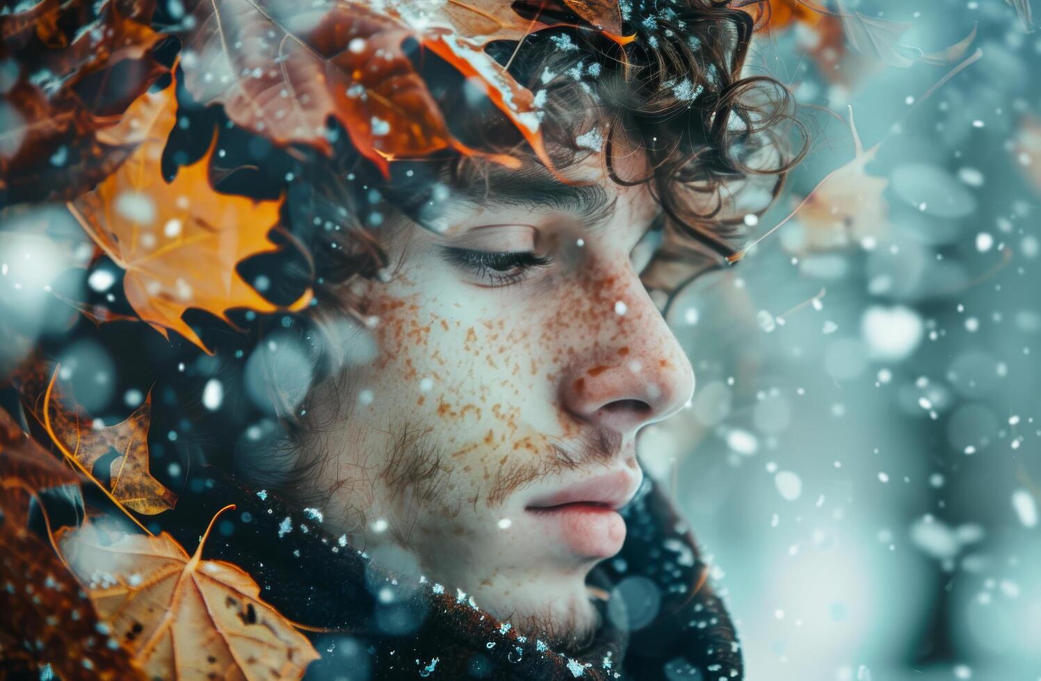 Man Standing in Snow With Fall Leaves photo