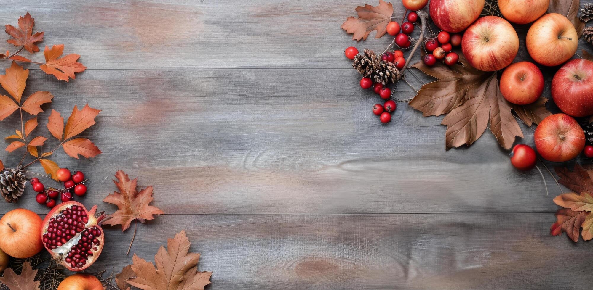 Autumn Fruits and Leaves on Rustic Wood photo