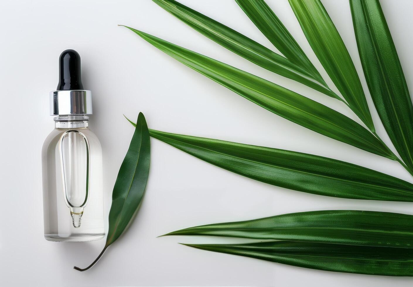 Essential Oil Dropper and Bottle on Green Leaves photo
