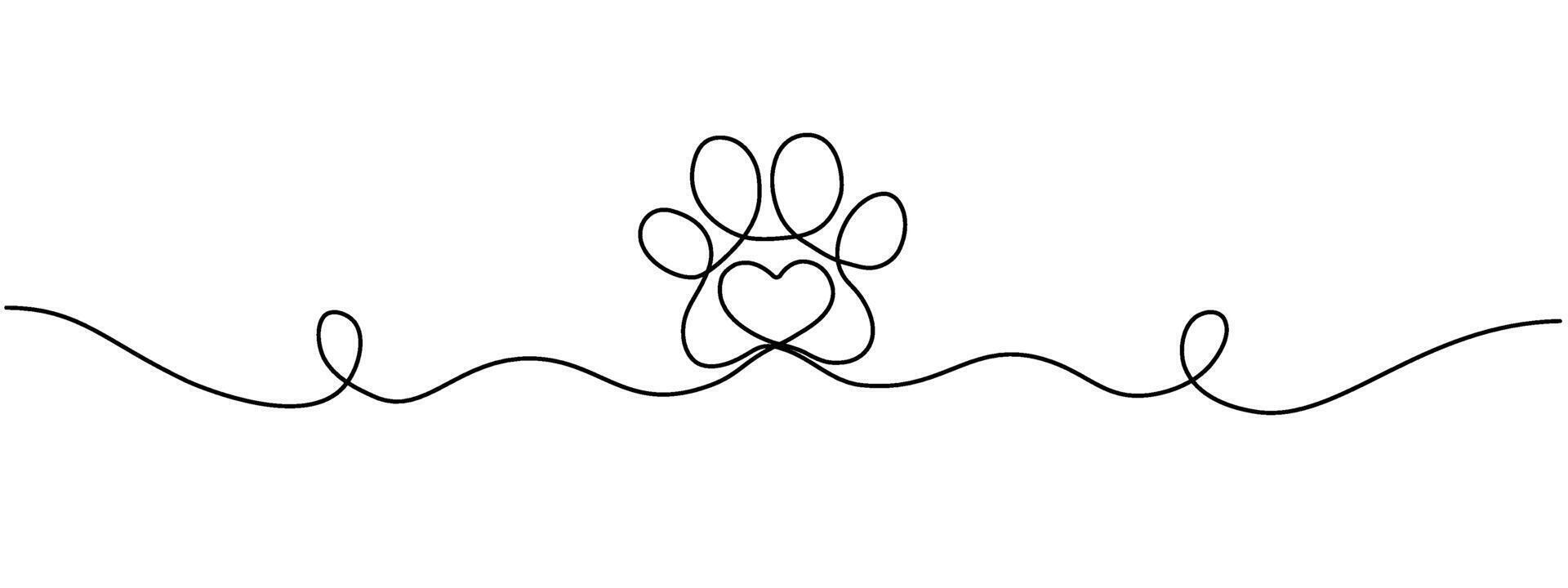 Drawing of a dog or cat paw print with a heart inside in one continuous line. Paw print design. Concept of love for animals . illustration vector
