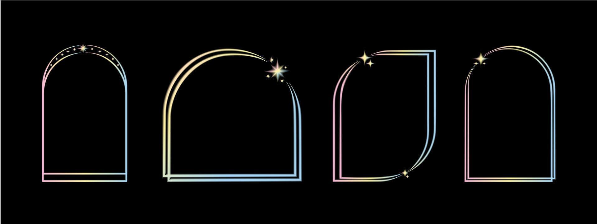 Set of gradient geometric linear shapes y2k aura. Trendy linear design blurred with frame, star. Aesthetic retro neon element illustrated for banners, social media, poster design. vector