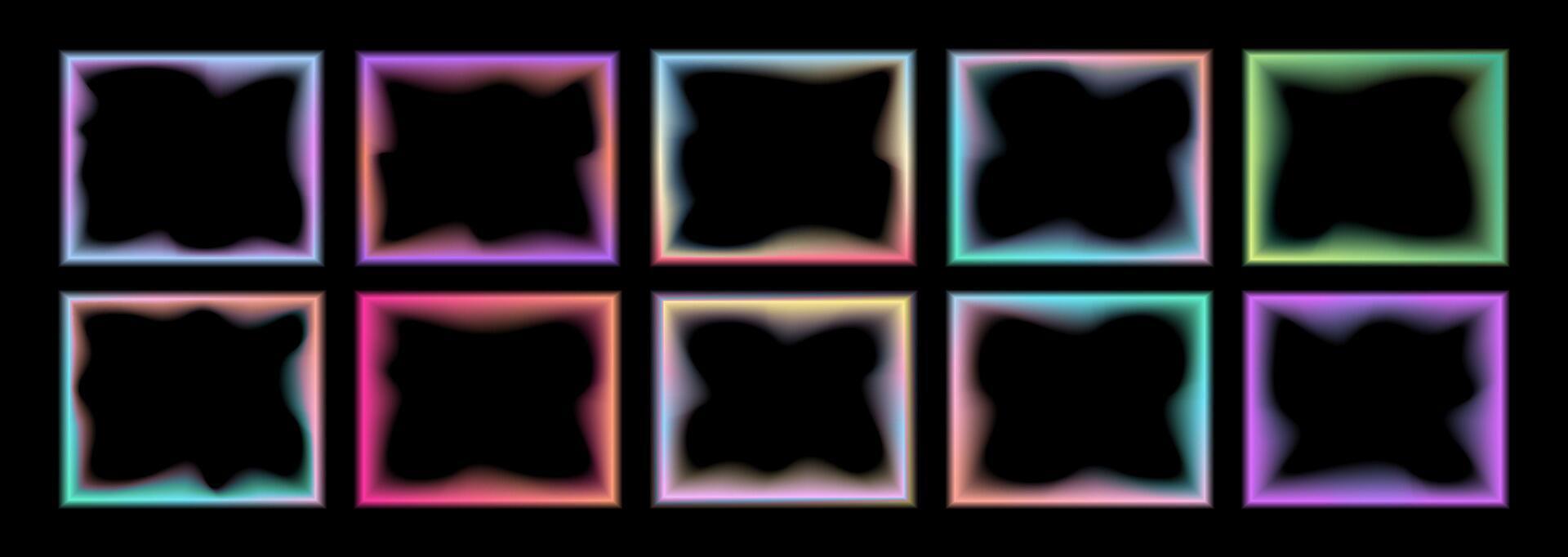 Set of transparent rectangular gradient frames with wavy oval inner borders. Retro frames with zigzag edges with blurring . illustration on black background vector
