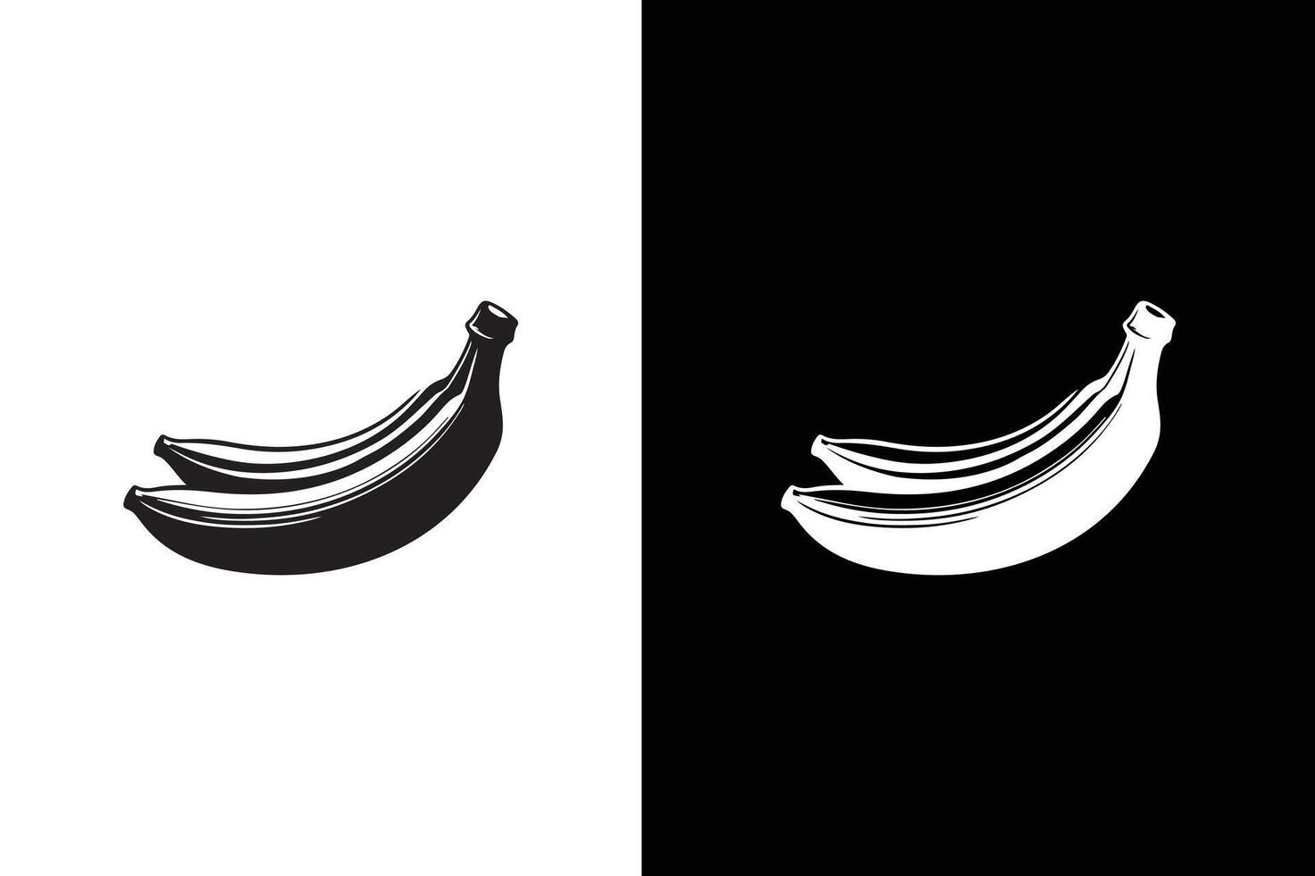 Banana icon silhouette illustration. Solid, outline and flat graphic design. Banana Icon with reflection on white black vector