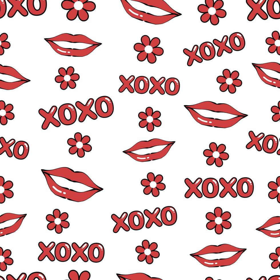 Playful seamless pattern featuring repeating elements of red lips, XOXO text, and red flowers on a white background. The design creates a fun and romantic vibe. vector