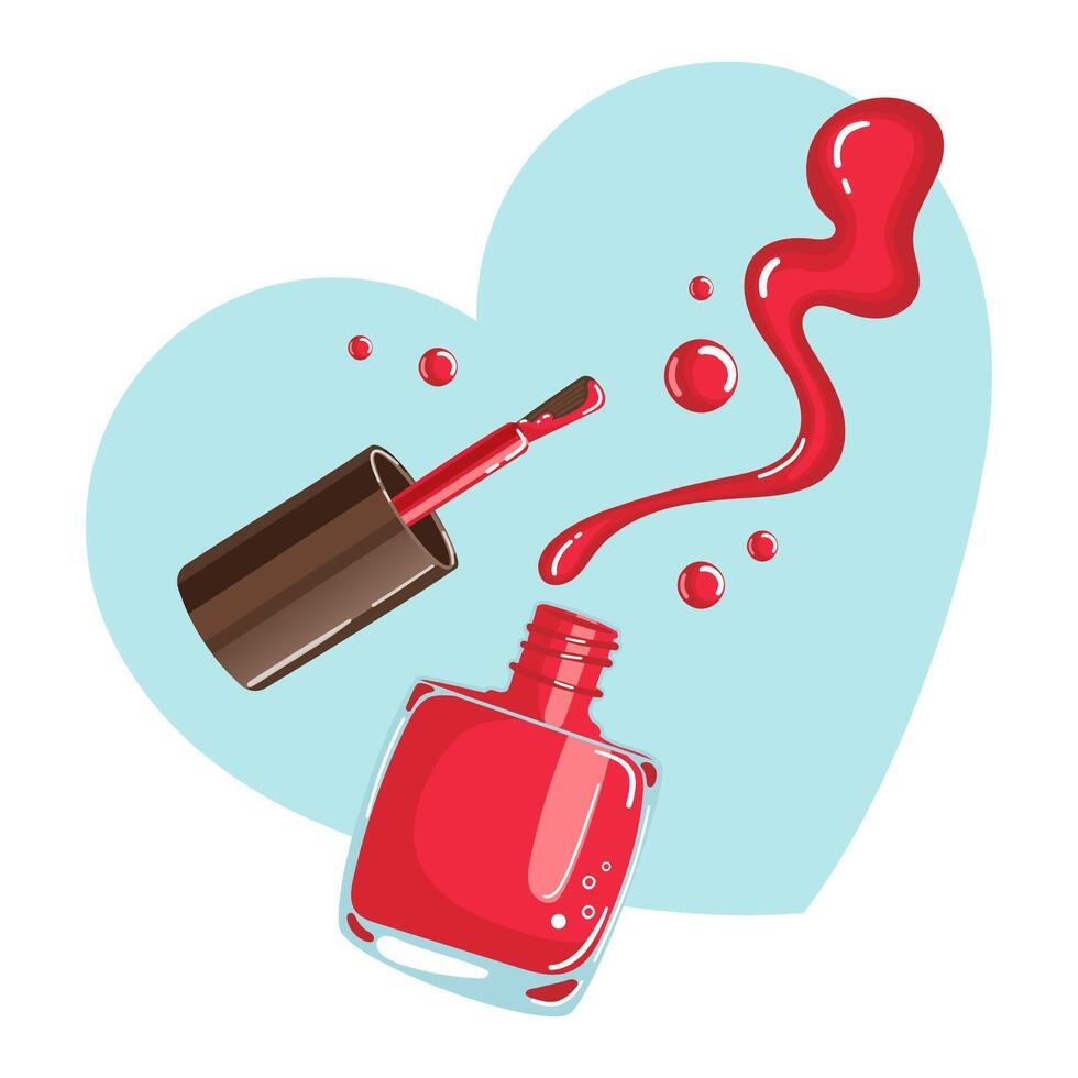 illustration of vibrant red nail polish with a brush and splash, set against a heart background vector