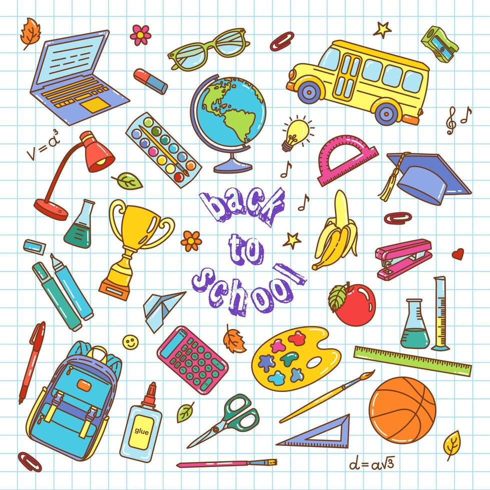 Vibrant back-to-school illustration with colorful school elements on a grid paper background vector